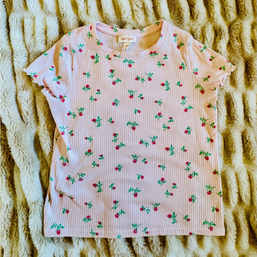Cat & Jack Light Pink Ribbed Tee with Cherry Motif